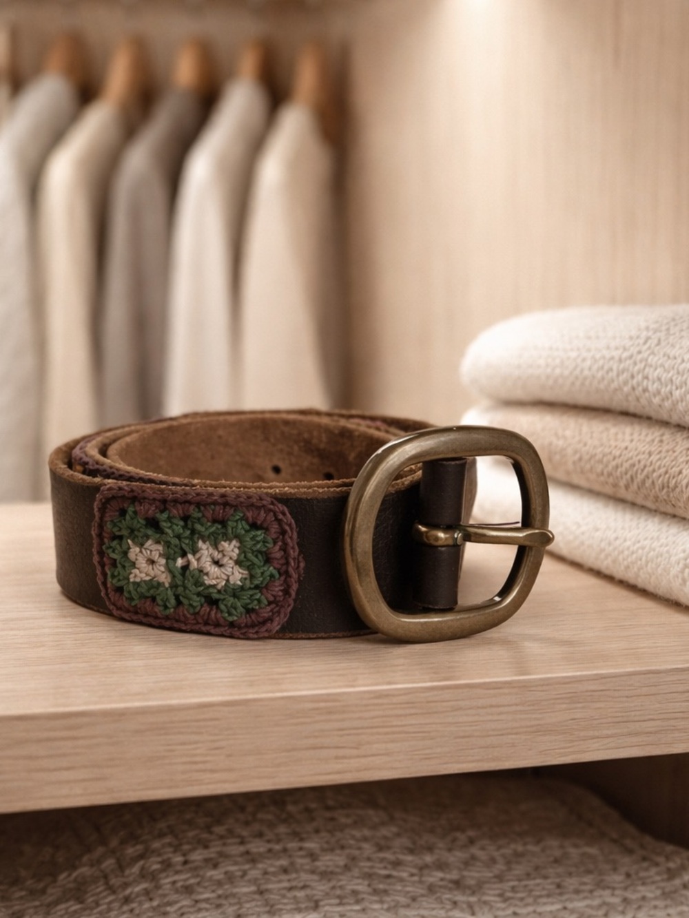 Bohemian Brown Leather Belt with Green Crocheted Detail 39inches.